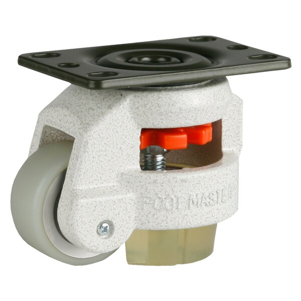 Leveling Caster, 50 mm PU Wheel, 2-1/2 x 3-1/4 Plate, Swivel, 280 kg Cap, PU Foot Pad, Ivory